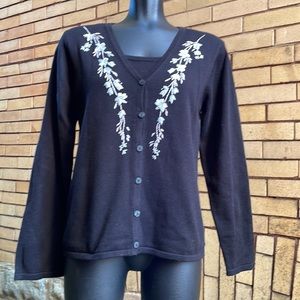 Vintage 90s Villager Claiborne Black Embroidered Faux Twin Cardigan Medium